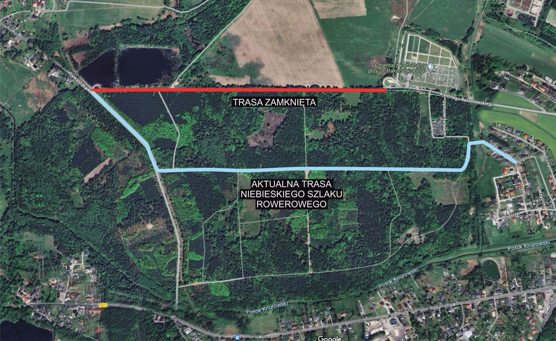 mapa z zaznaczonym przebiegiem alternatywnej ścieżki rowerowej